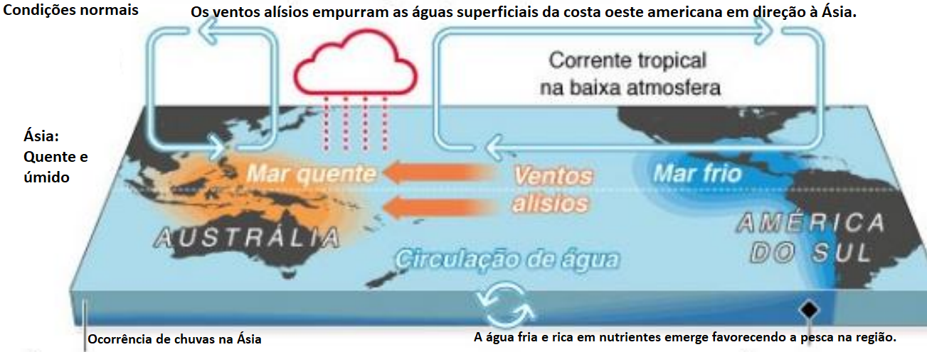 Comparação lado a lado entre El Niño e La Niña no Oceano Pacífico