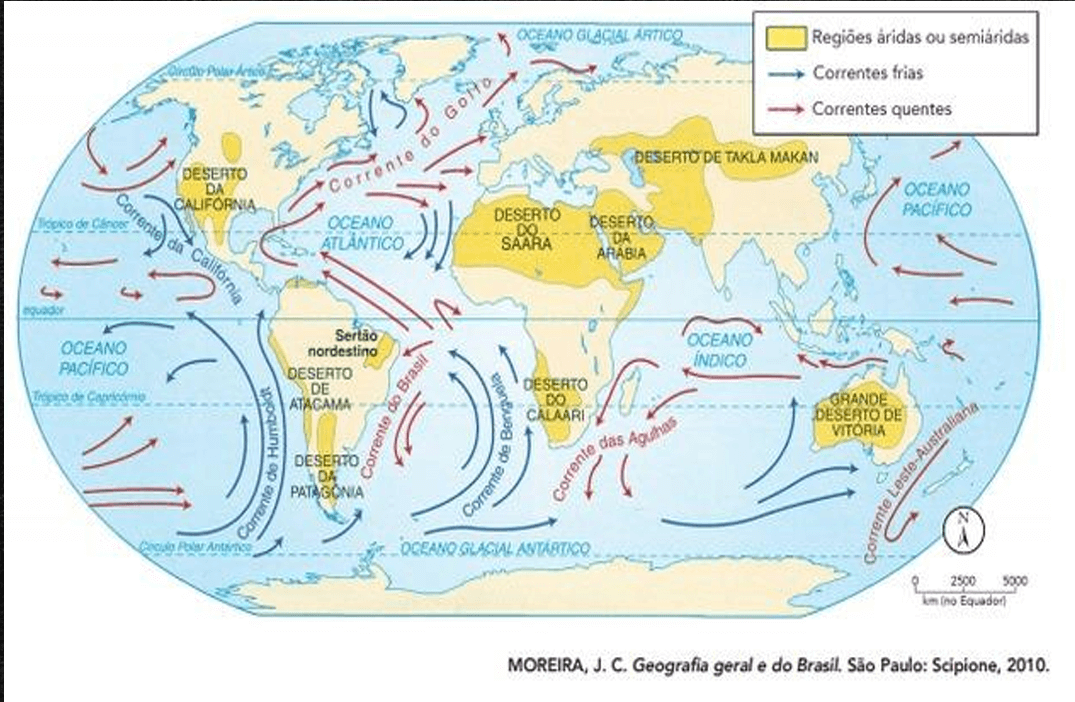 Mapa das correntes marítimas que influenciam o clima do Brasil