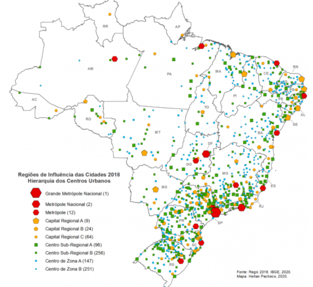 Mapa da hierarquia urbana no Brasil