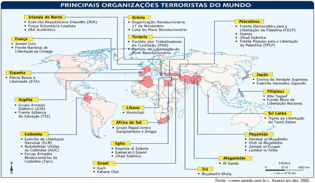 Mapa-múndi informativo mostrando as principais organizações terroristas do mundo, com destaque para grupos armados na Europa, Oriente Médio, Ásia, África e América Latina, incluindo IRA, ETA, Hezbollah, Hamas, Al Qaeda e FARC.