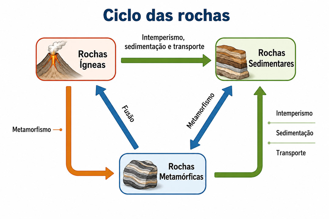 Ciclo das rochas: ígneas, sedimentares e metamórficas