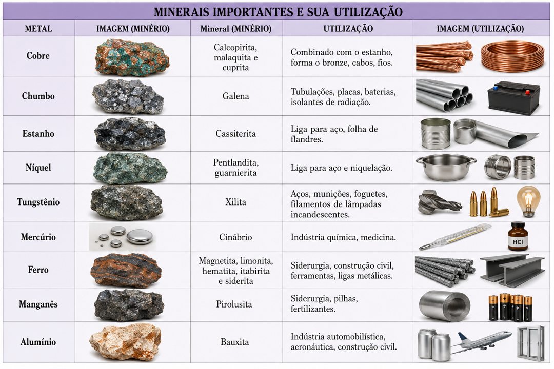 Principais minerais metálicos e suas aplicações industriais