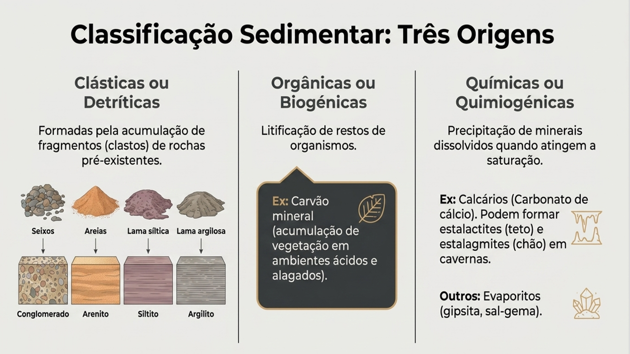 Classificação das rochas sedimentares: clásticas, orgânicas e químicas