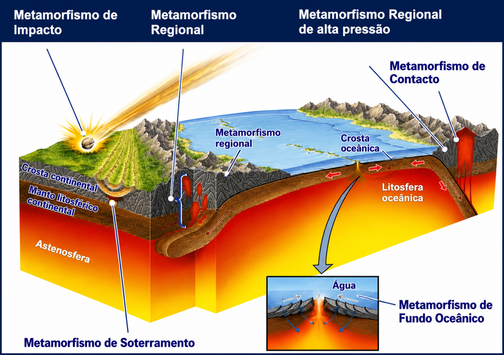 Tipos de metamorfismo: regional (pressão) e de contato (temperatura)