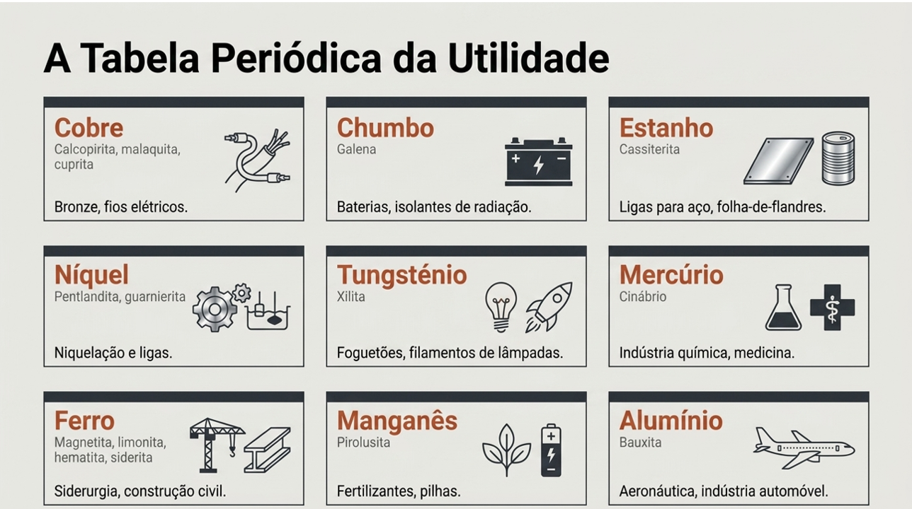 Tabela da utilidade econômica dos minerais metálicos, do cobre ao alumínio