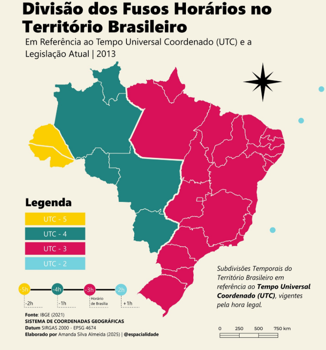 Mapa dos fusos horários do Brasil