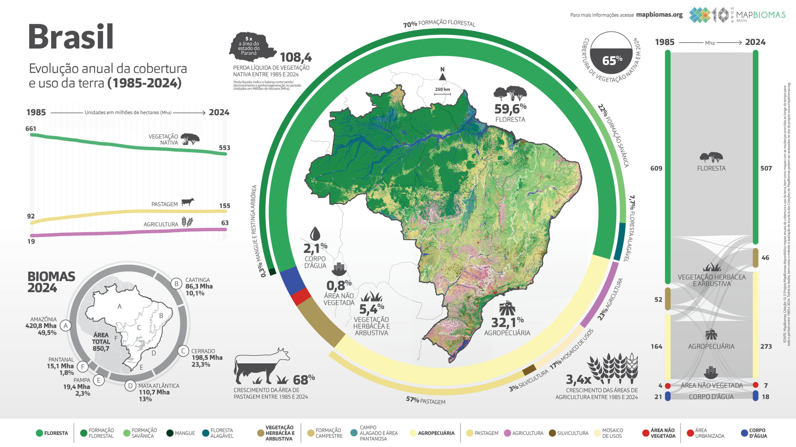 Infográfico dos biomas do Brasil e do uso do solo em cada um deles