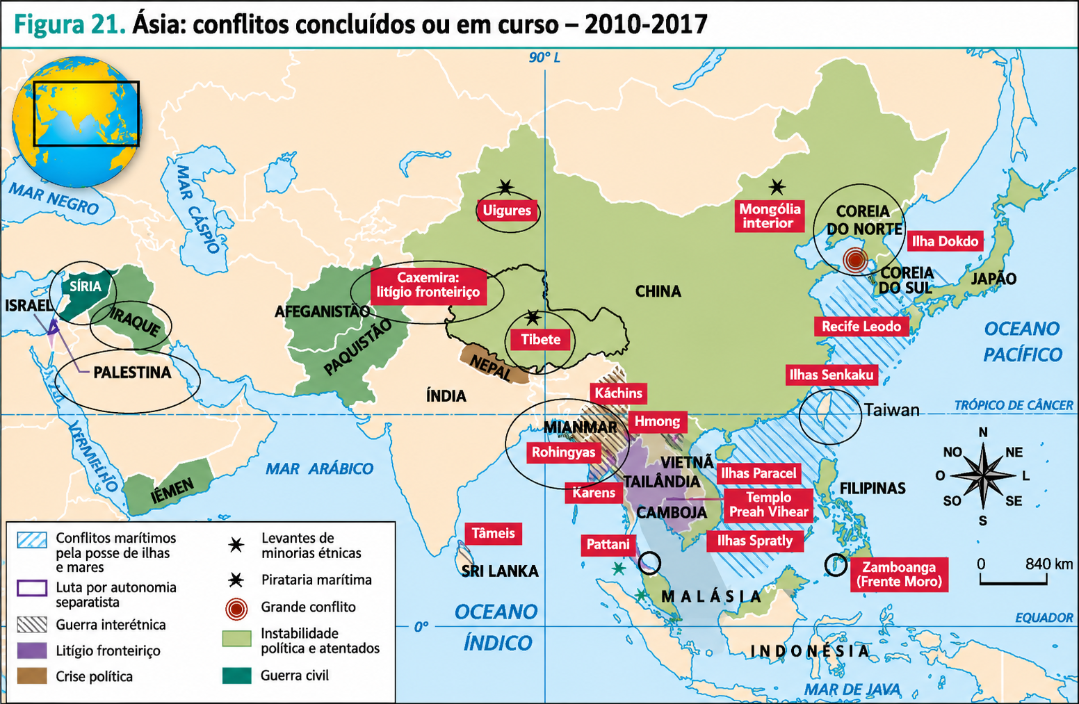 Mapa dos principais conflitos atuais na Ásia