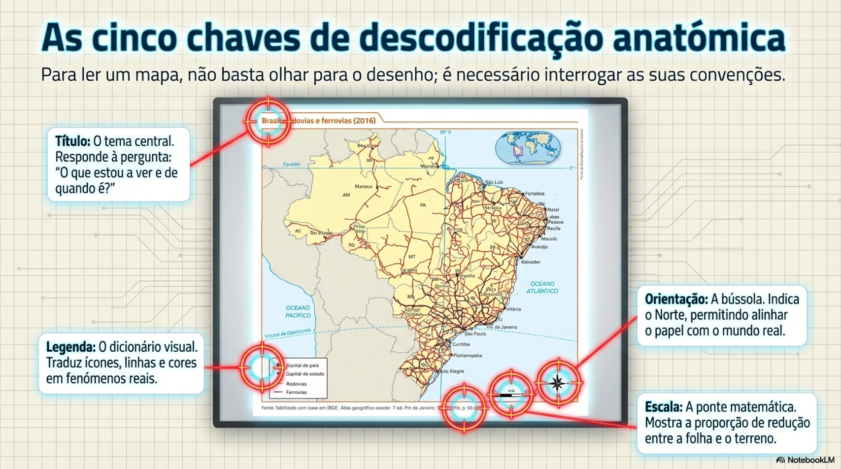 Elementos do mapa: título, legenda, escala, orientação e coordenadas