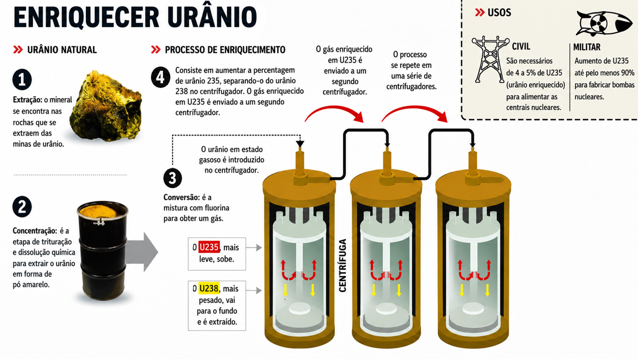 Esquema do processo de enriquecimento de urânio