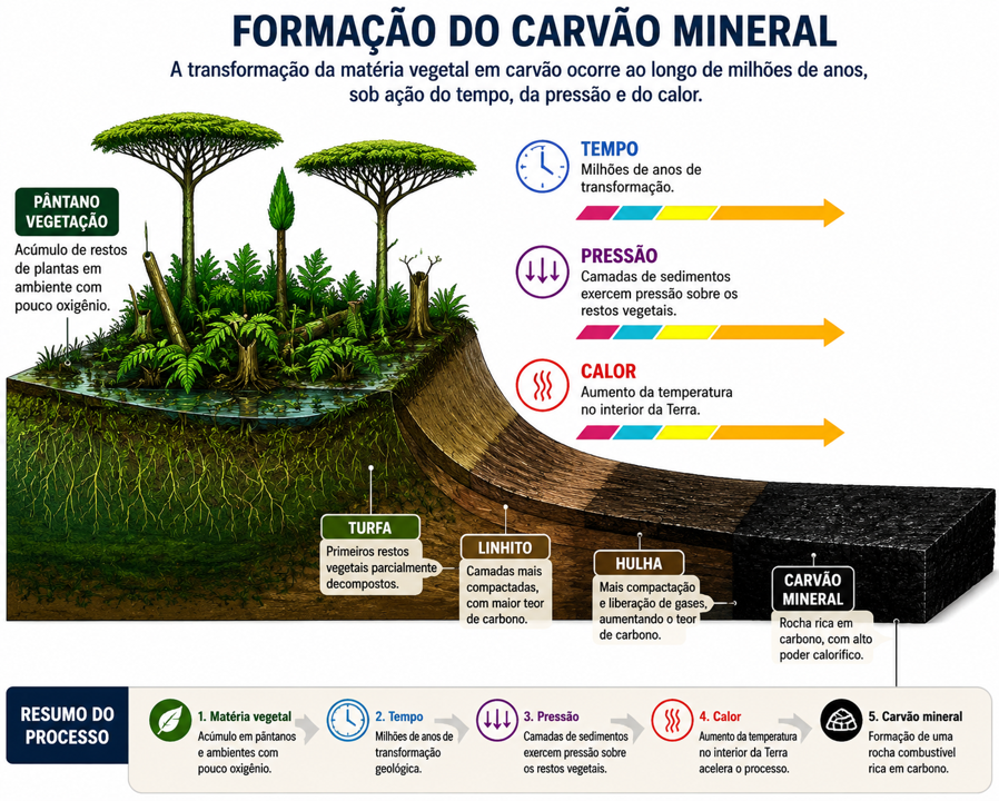 Esquema da formação do carvão mineral a partir de vegetais soterrados