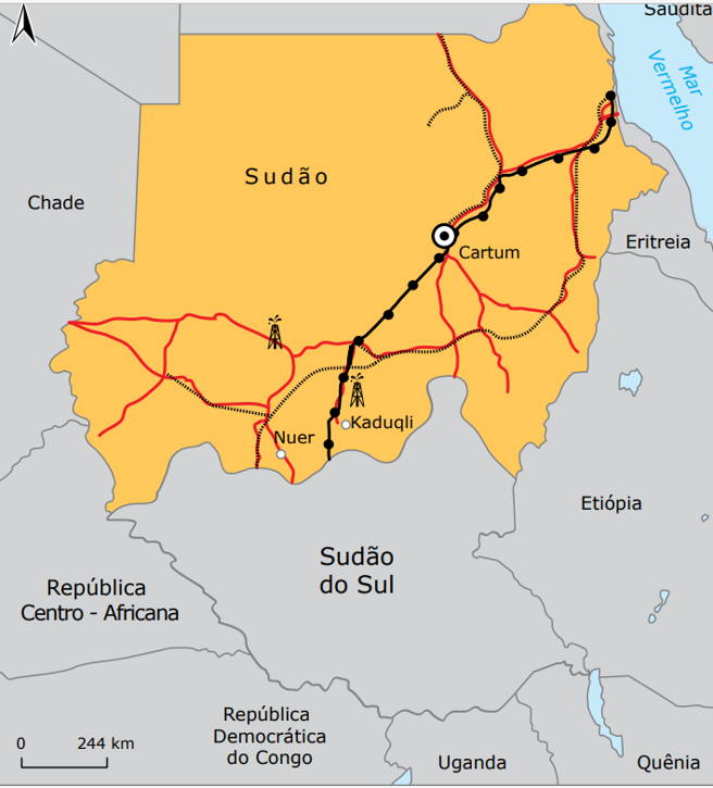 Mapa do Sudão, com Darfur no oeste e o litoral do Mar Vermelho