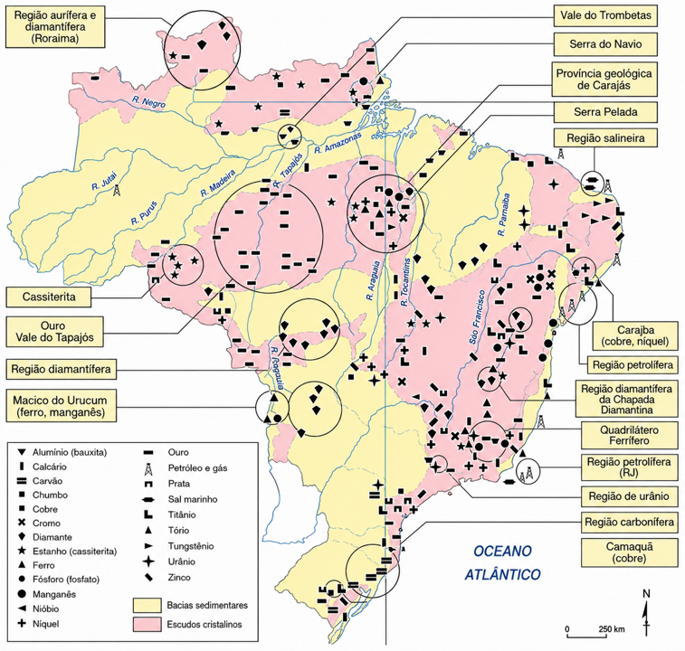 Mapa dos principais recursos minerais do Brasil por região