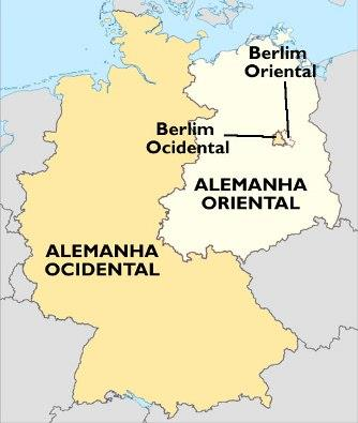 Mapa da Alemanha dividida em Oriental e Ocidental