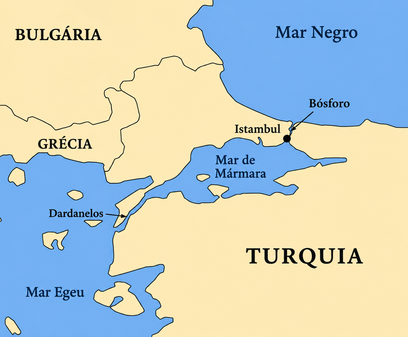 Mapa do Estreito de Bósforo, em Istambul, ligando o Mar Negro ao Mar de Mármara