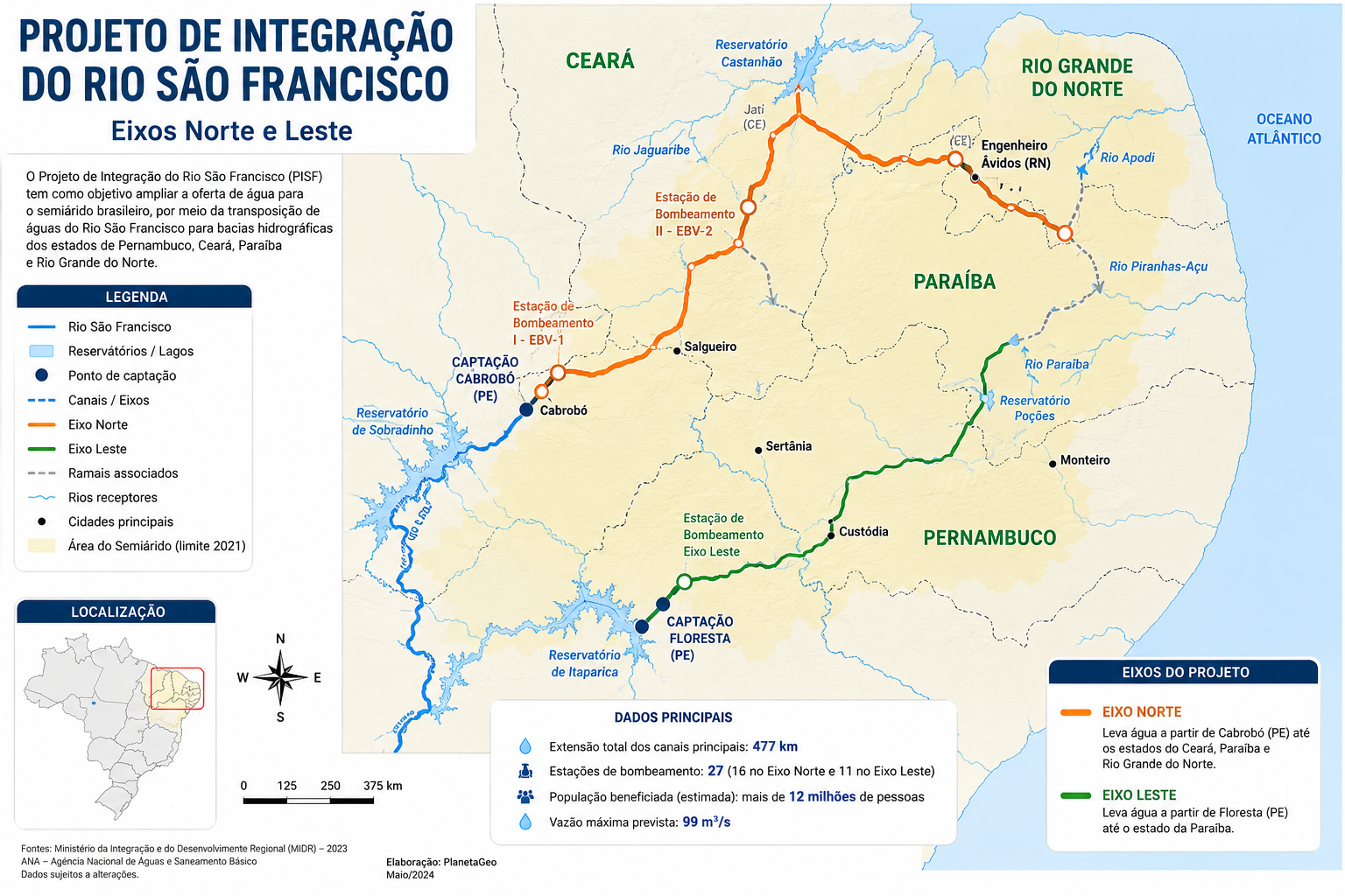 Mapa da transposição do São Francisco com os Eixos Norte e Leste