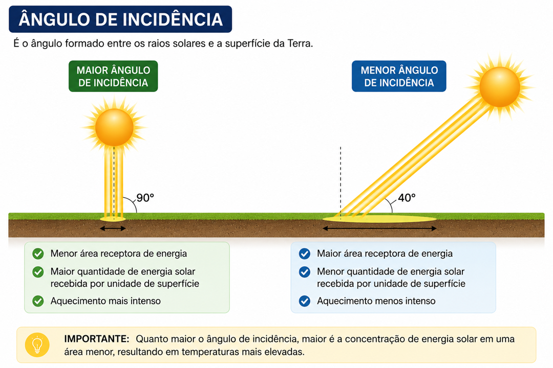 Esquema do ângulo de incidência dos raios solares e sua relação com a concentração de energia por área segundo a latitude