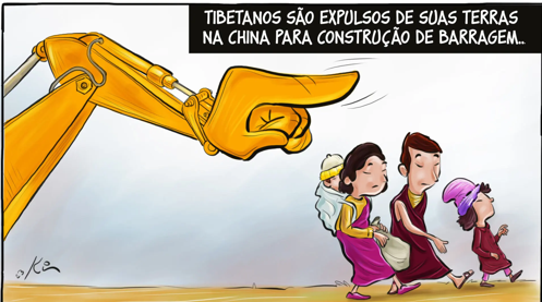 Charge sobre a relação entre a China e suas regiões periféricas, retratando o controle territorial e os recursos naturais