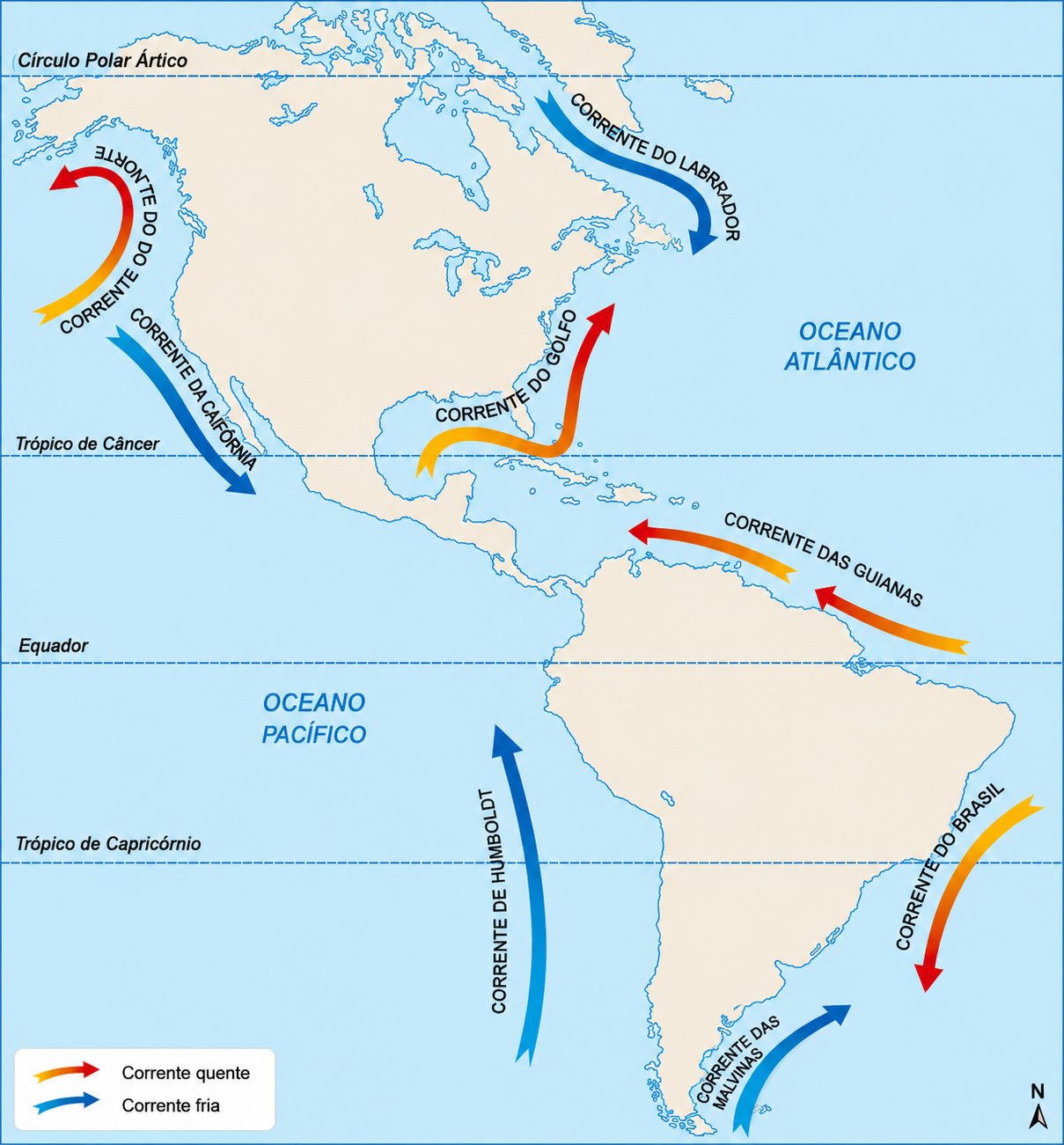 Mapa das correntes marítimas das Américas, incluindo a Corrente do Brasil e a Corrente de Humboldt
