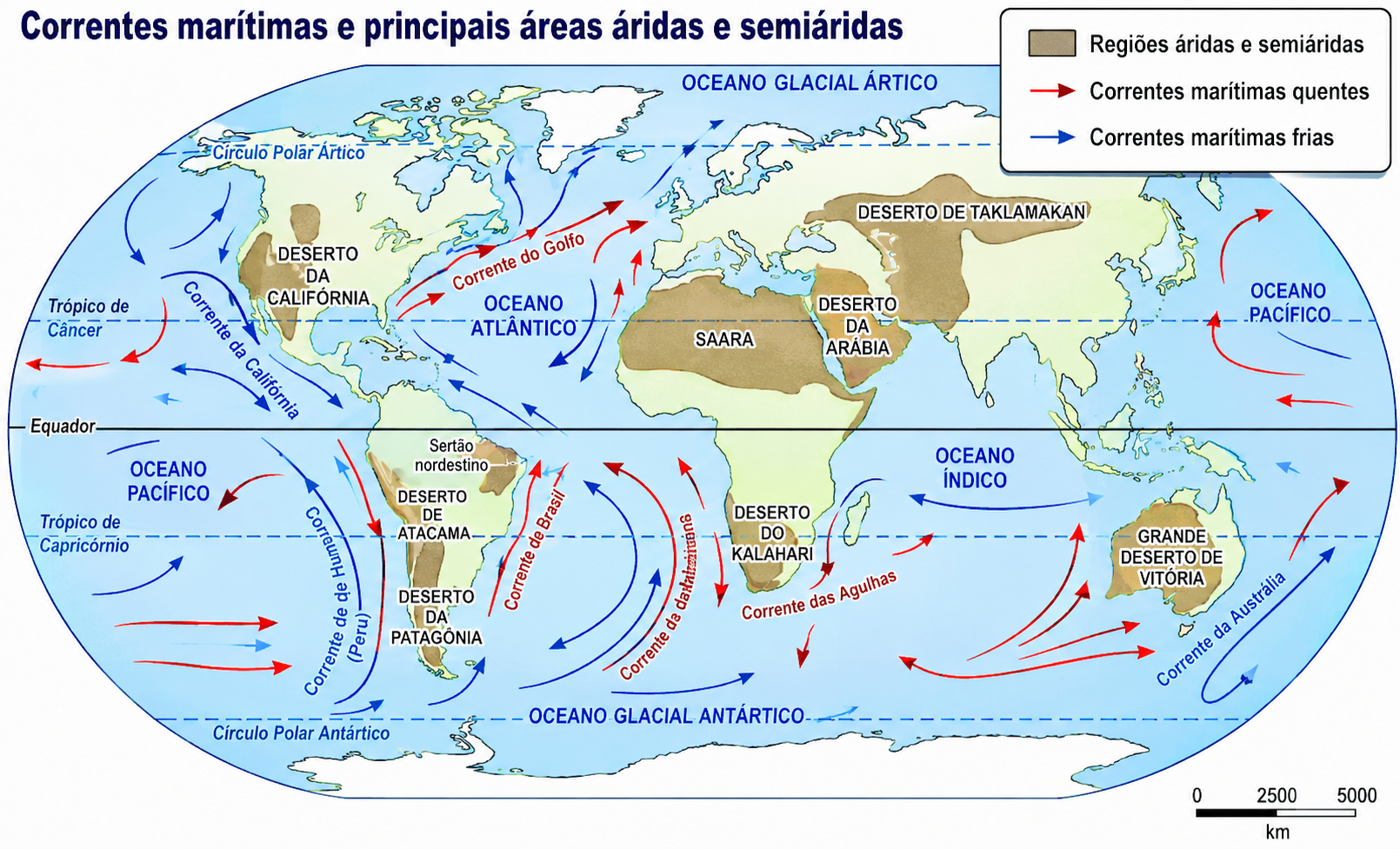 Mapa das correntes marítimas frias e dos principais desertos costeiros do mundo