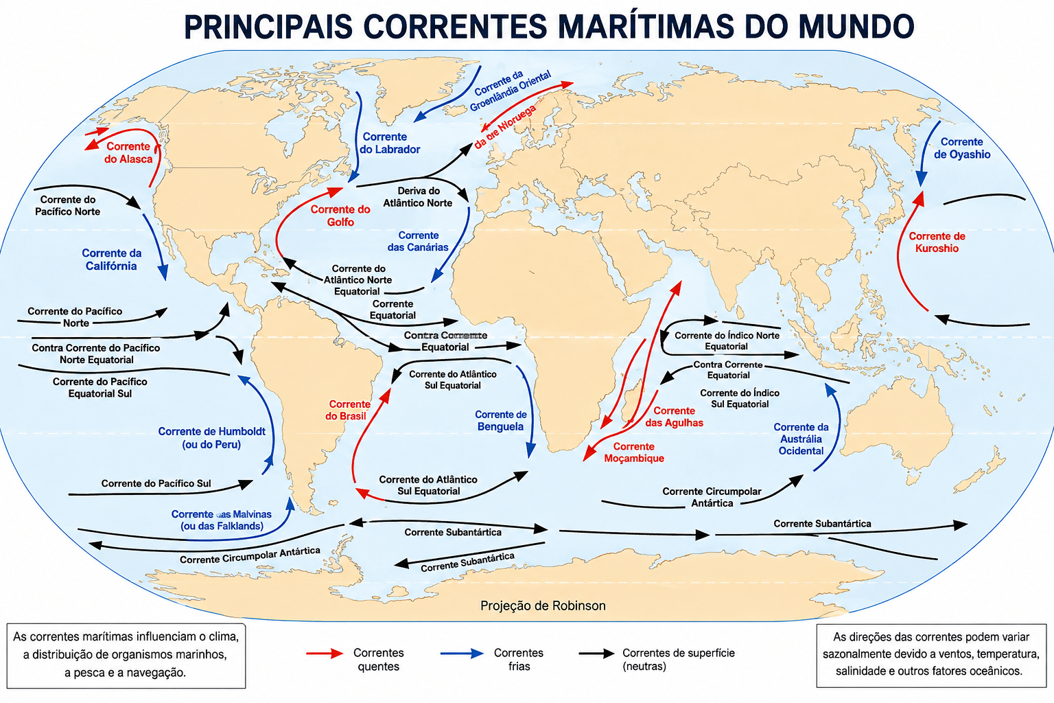 Mapa das principais correntes marítimas quentes e frias do mundo