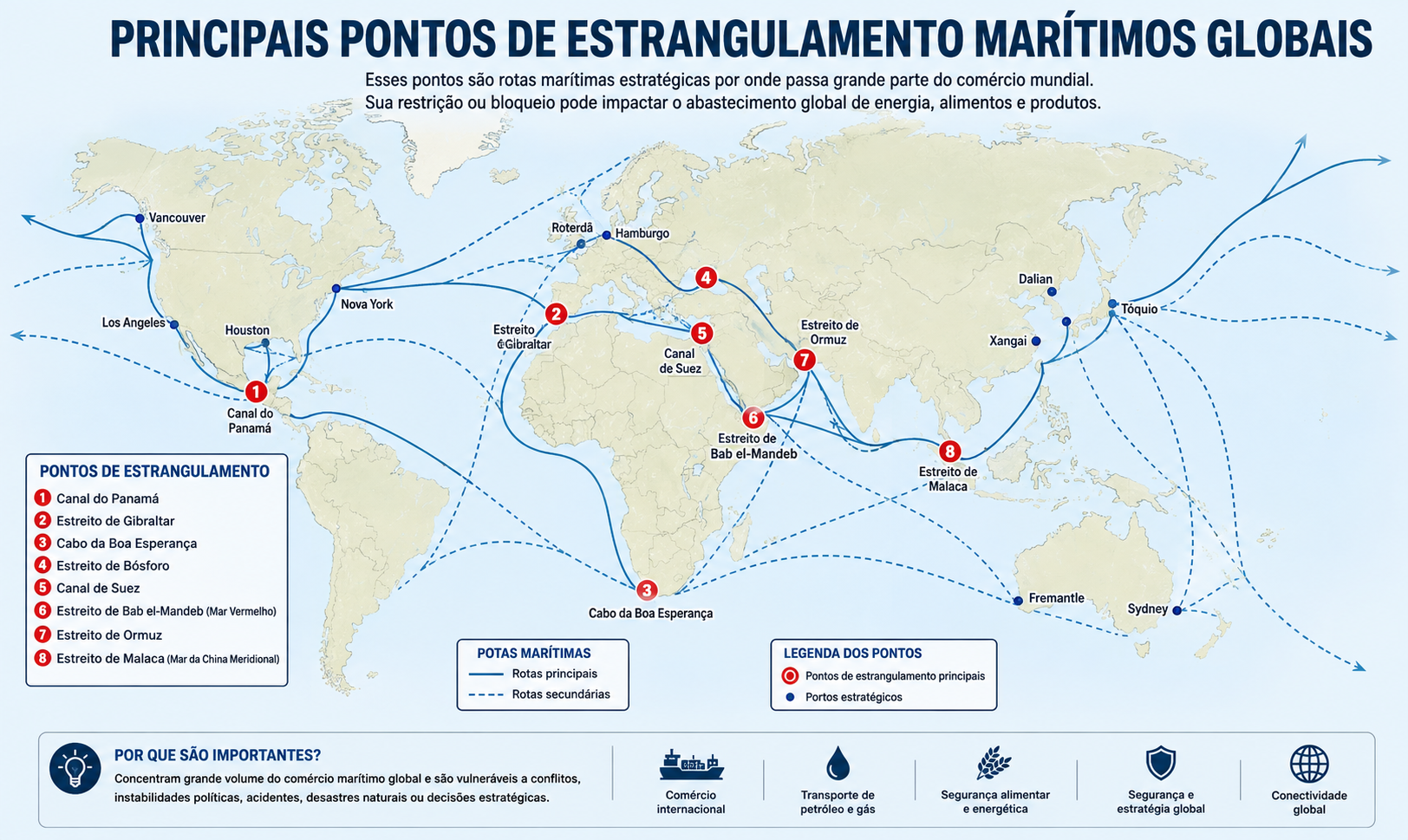 Mapa dos principais estreitos e canais do mundo e as rotas marítimas do comércio global