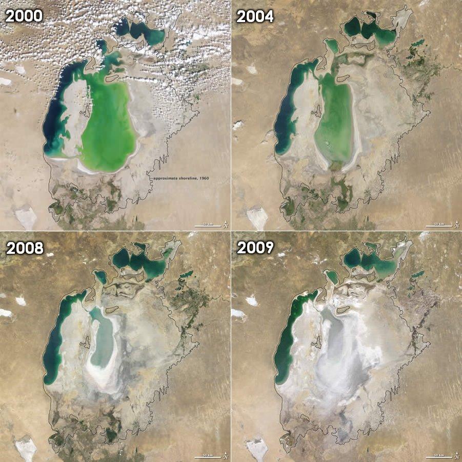 Mapa do Mar de Aral na Ásia Central mostrando a evolução da retração entre 1960 e as décadas seguintes