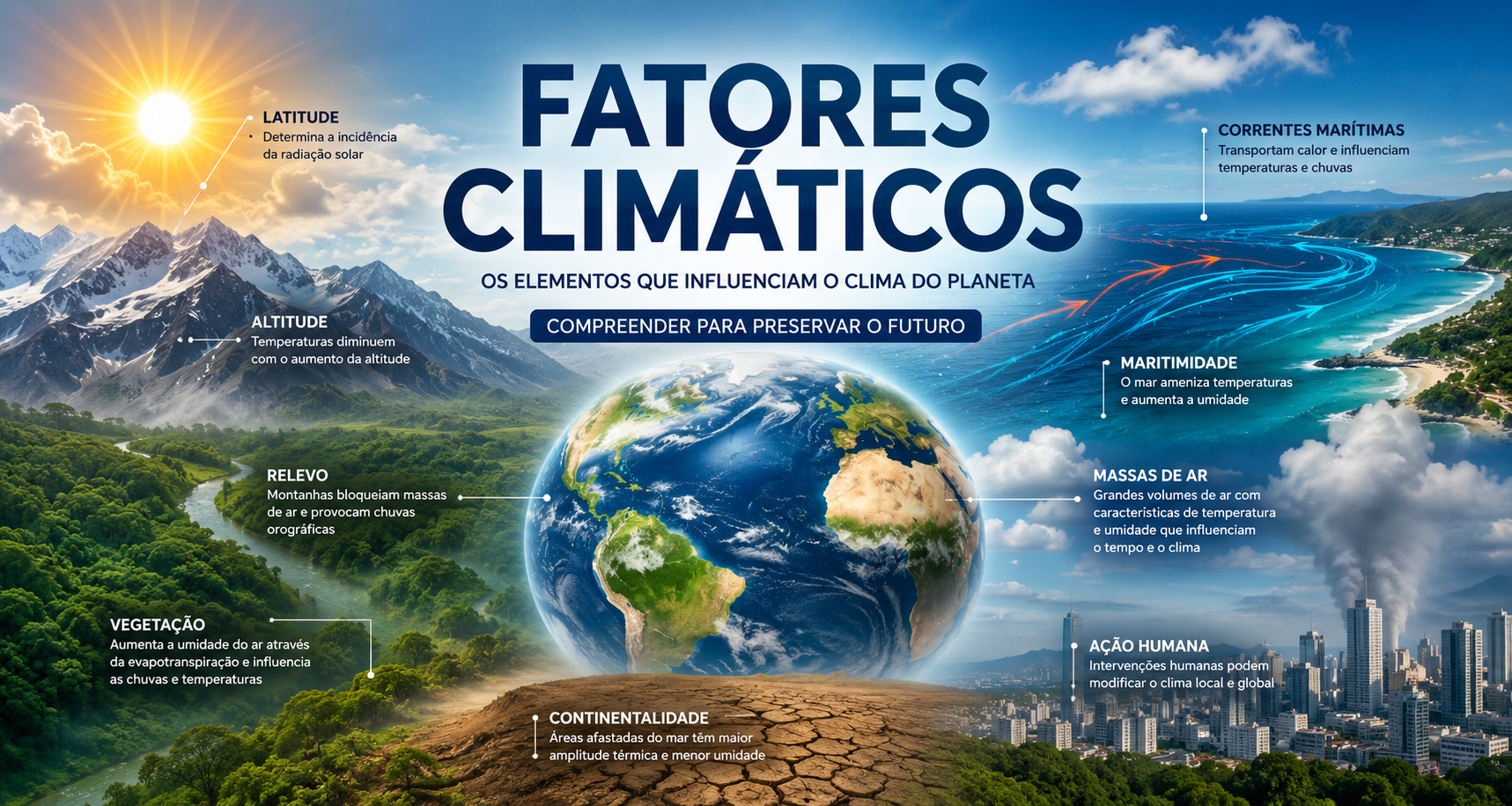Fatores climáticos: latitude, altitude, relevo, massas de ar e correntes marítimas