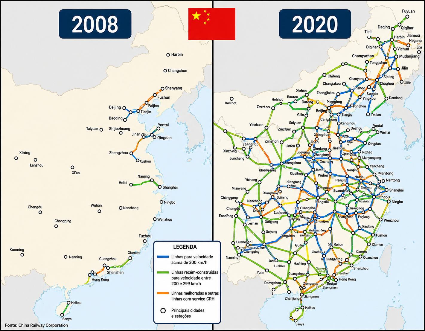 Mapa da malha ferroviária e de trens de alta velocidade da China