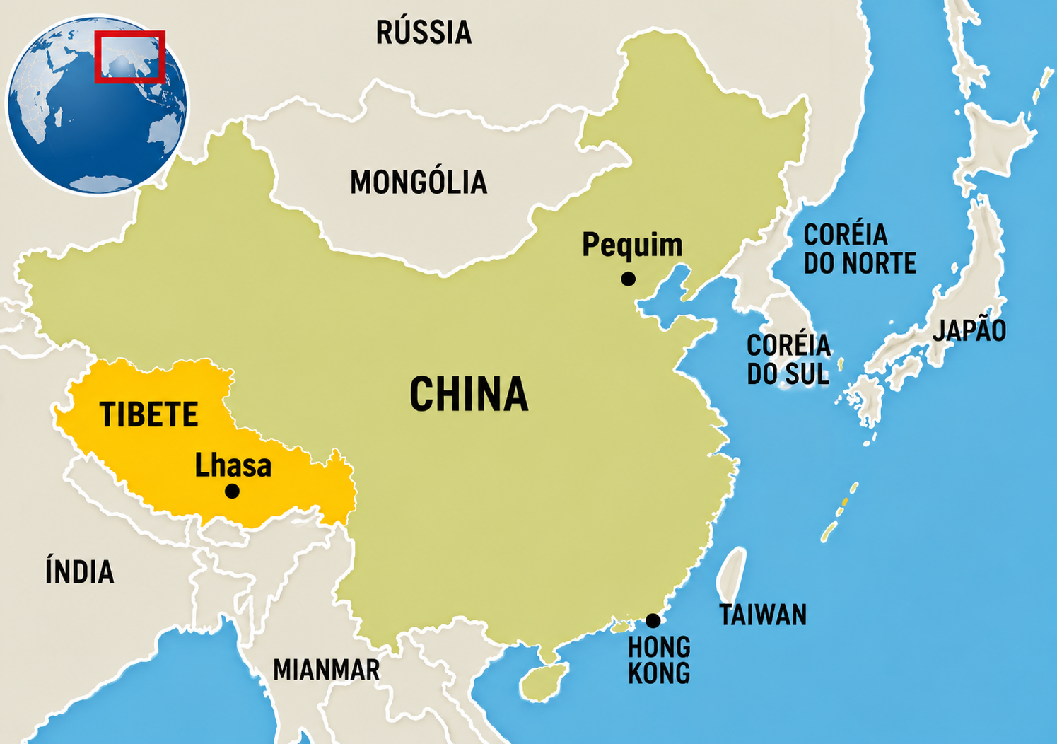 Mapa das regiões administrativas e autônomas da China, destacando Xinjiang, Tibete, Mongólia Interior, Ningxia e Guangxi