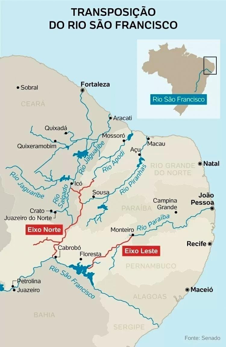 Mapa do traçado da transposição do Velho Chico