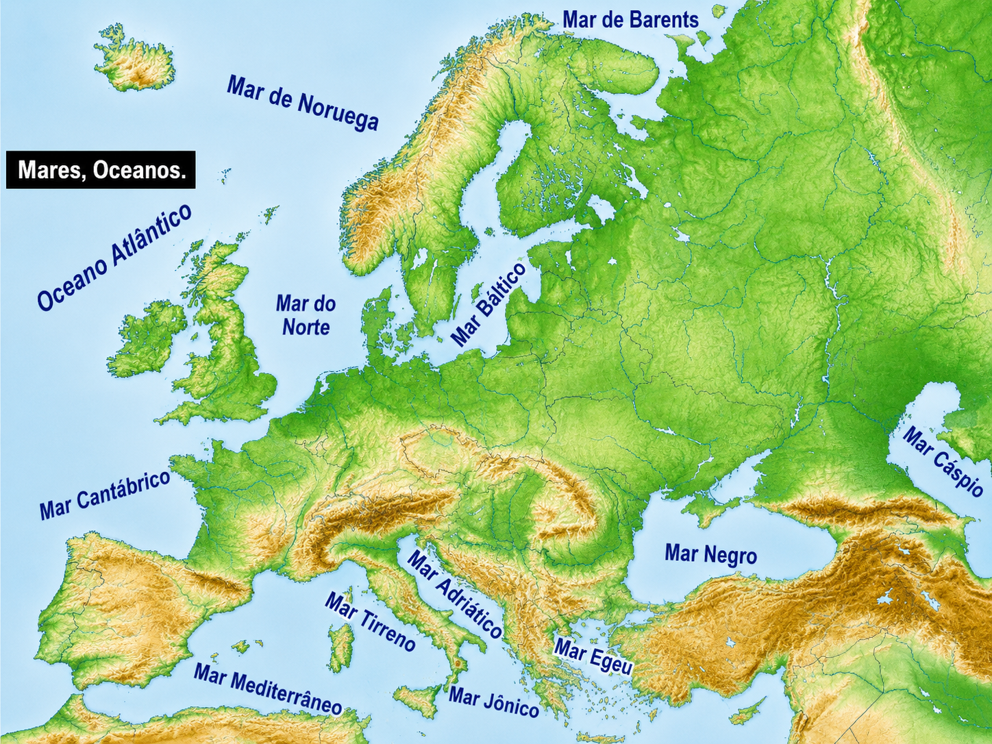 Mapa dos principais mares da Europa: Mediterrâneo, Negro, Báltico, do Norte e Adriático