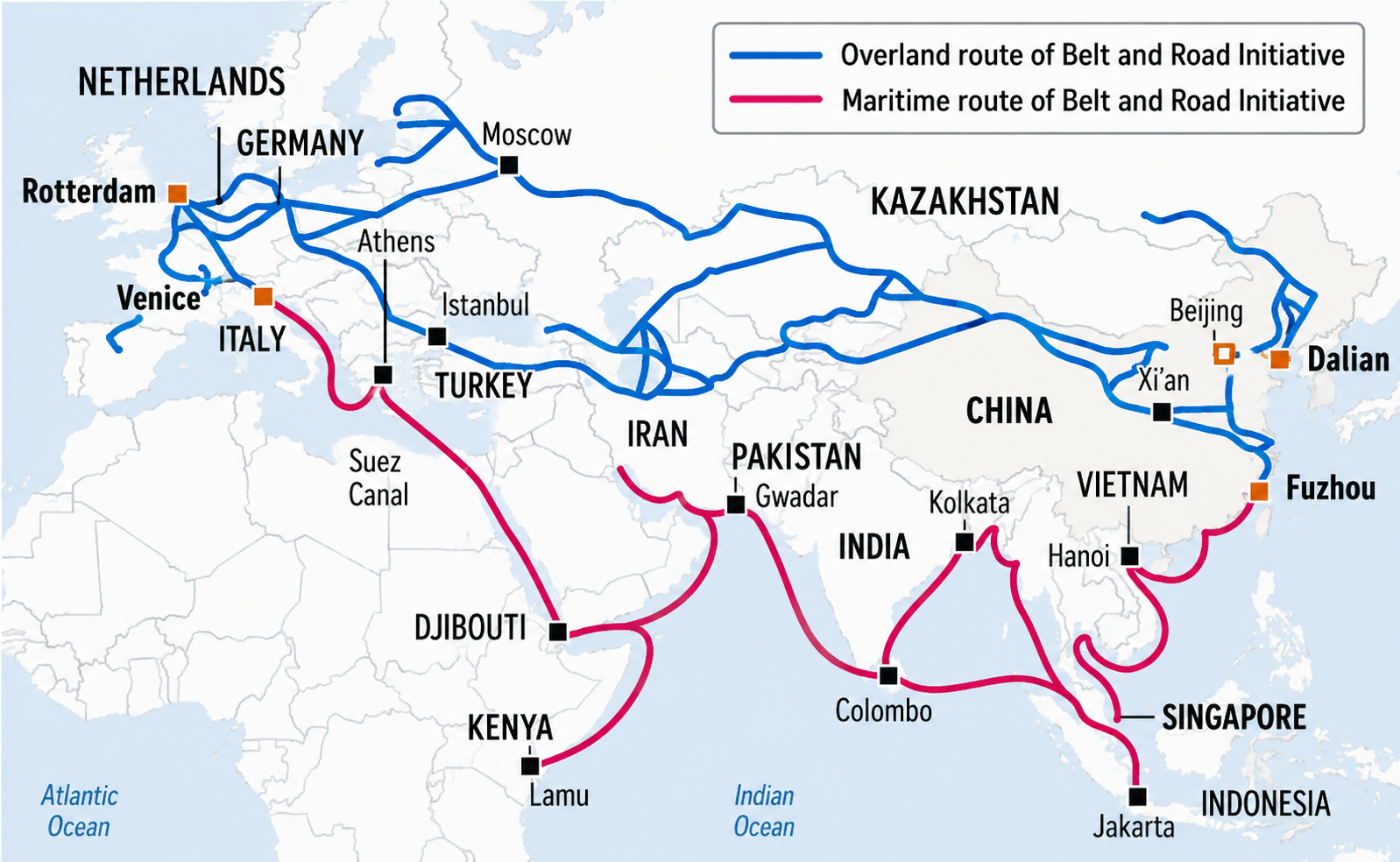 Mapa da Nova Rota da Seda, com rotas terrestres e marítimas conectando a China a vários continentes
