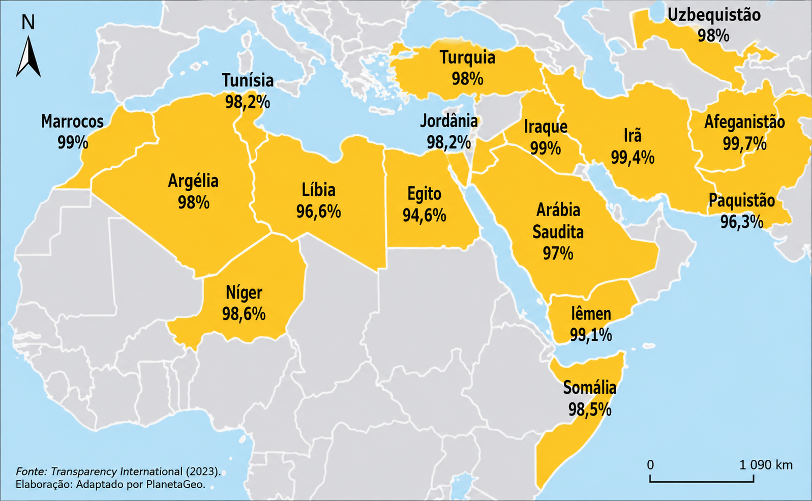 Mapa da população islâmica (muçulmana) por país no mundo