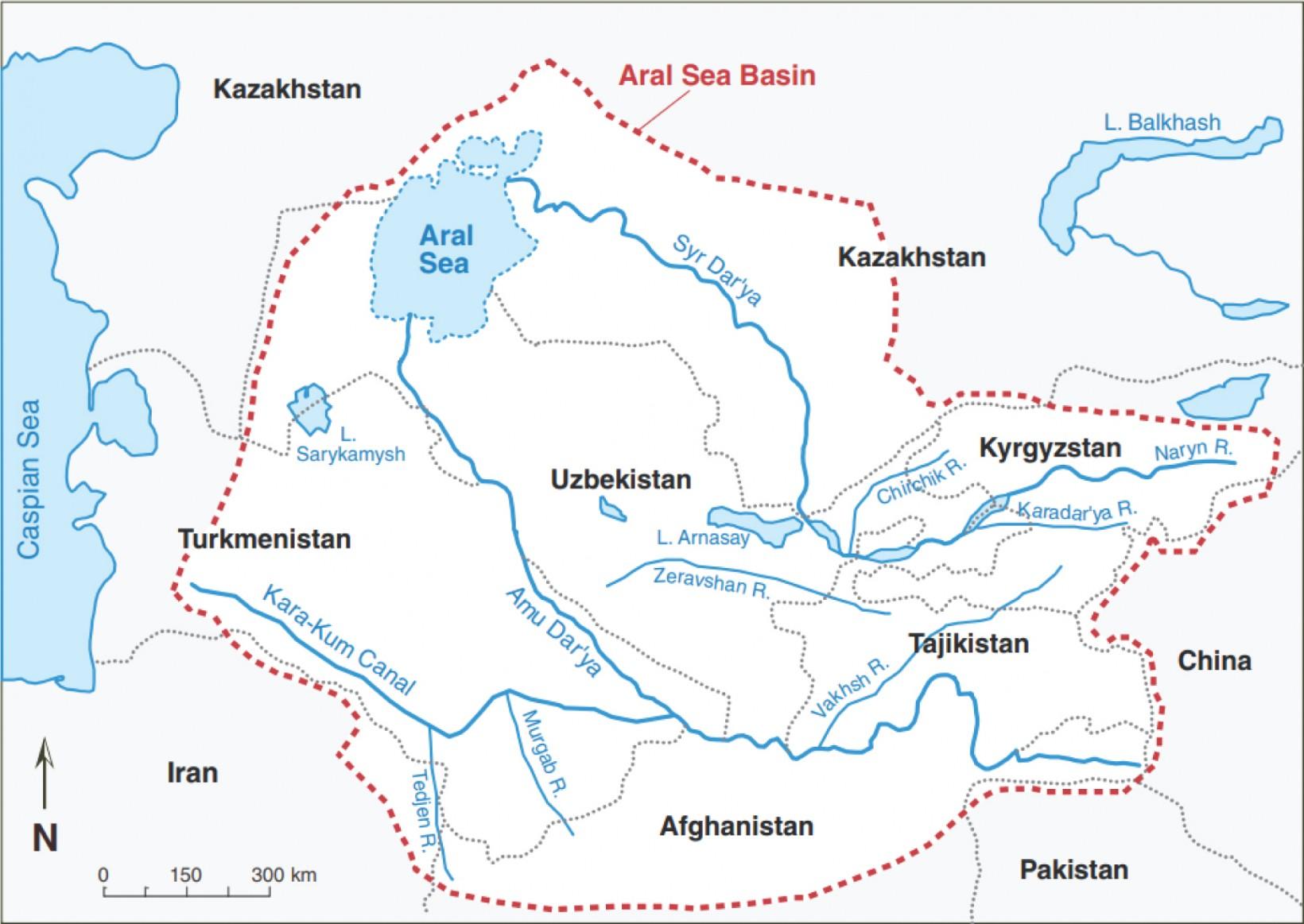 Mapa dos rios Amu Dária e Sir Dária que abasteciam o Mar de Aral na Ásia Central