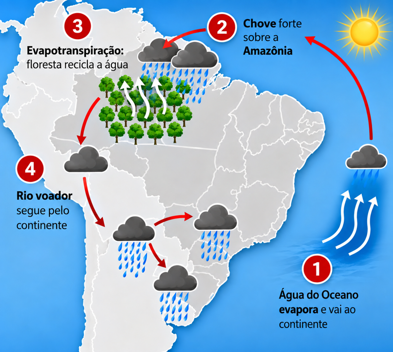 Sistema dos rios voadores: umidade do Atlântico e da Amazônia transportada pela atmosfera até os Andes e o Centro-Sul da América do Sul