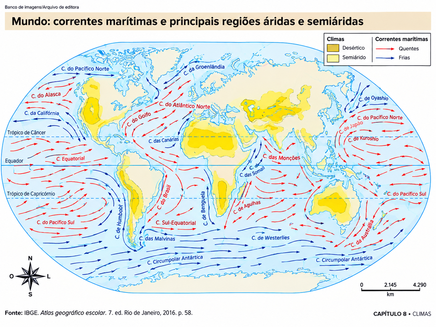 Mapa-múndi das correntes marítimas superficiais quentes e frias e das principais áreas de clima árido e semiárido do mundo