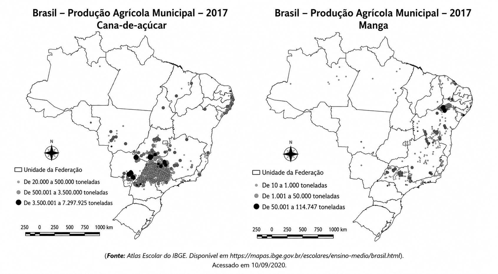Mapas da Produção Agrícola Municipal de 2017 de cana-de-açúcar e manga — questão UNICAMP 2021