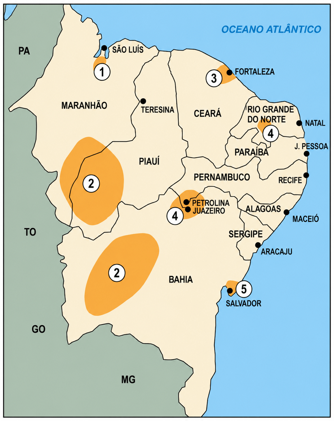 Mapa dos focos de maior dinamismo econômico no Nordeste brasileiro em 2000 — questão UEFS